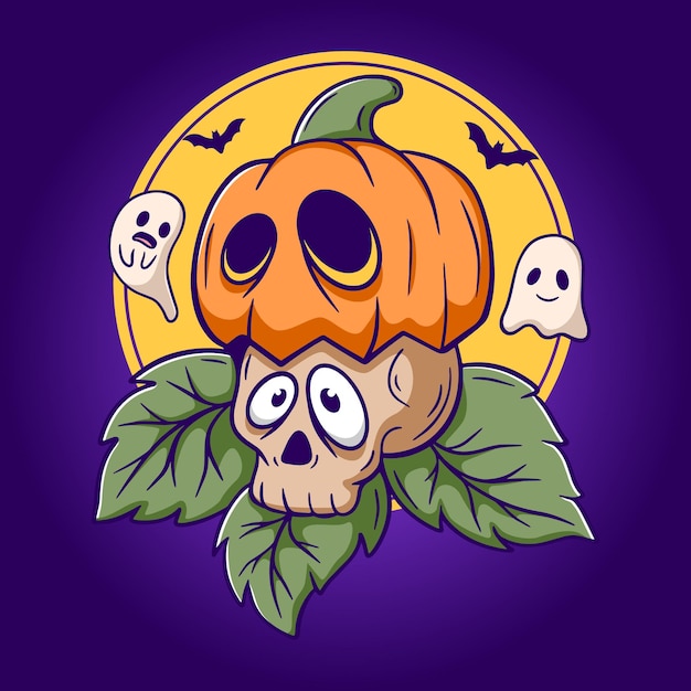 Cute pumpkin and ghost funny halloween cartoon illustration