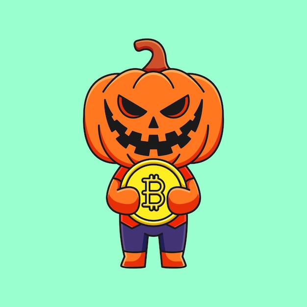 Cute pumpkin halloween holding bitcoin cartoon mascot doodle art hand drawn outline concept vector kawaii icon illustration