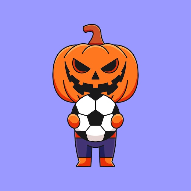 Cute pumpkin halloween holding soccer ball cartoon mascot doodle art hand drawn concept vector kawaii icon illustration