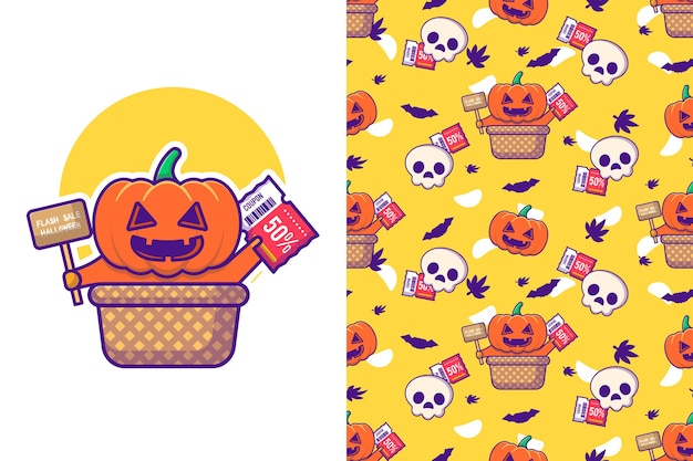 Cute pumpkin halloween sale with seamless pattern