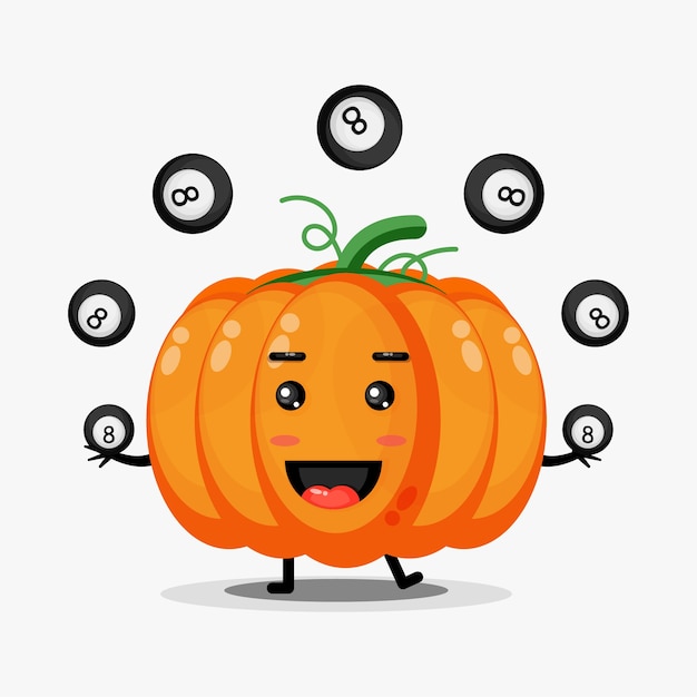 Cute pumpkin mascot playing billiard ball