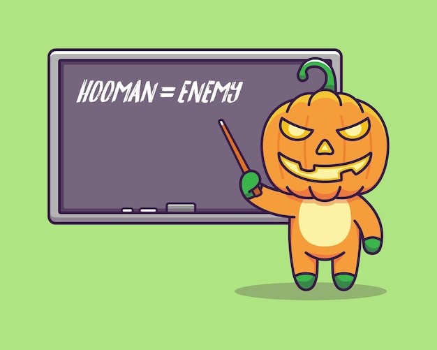 Cute pumpkin monster teaching with a blackboard