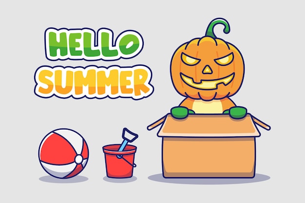 Cute pumpkin monster with hello summer greeting 