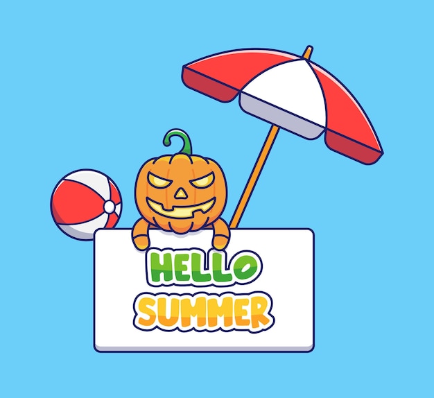 Cute pumpkin monster with hello summer greeting 