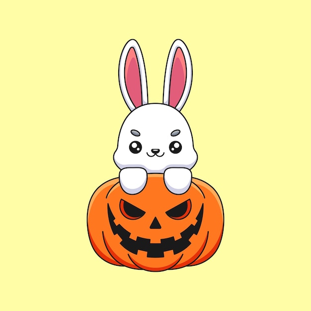 Cute pumpkin rabbit halloween cartoon mascot doodle art hand drawn concept vector kawaii icon illustration