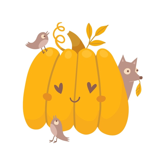 Cute pumpkins in love with birds and fox cute picture for halloween or thanksgiving autumn print con