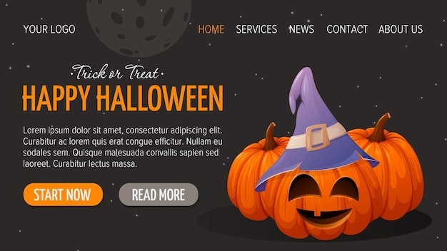 Vector cute pumpkins with funny face and witch hat. happy halloween. horizontal template for website