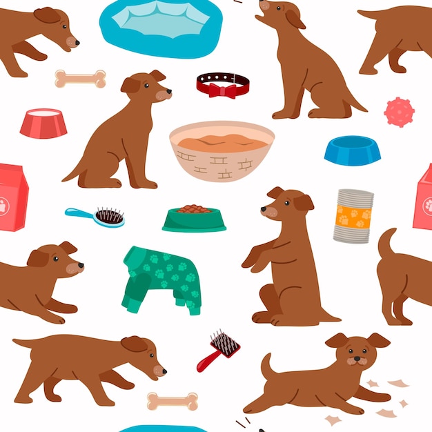 Vector cute puppies and pet products food toys seamless pattern color background
