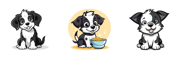 Милый щенок в черно-белом цвете сидит, смотрит и ест еду, плоскую векторную иллюстрацию талисмана