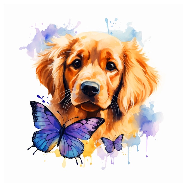 Cute puppy and buttefly watercolor paint