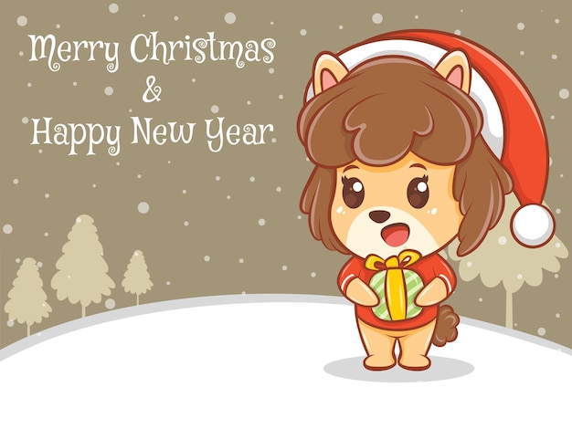Vettore simpatico personaggio dei cartoni animati di cucciolo con banner di auguri di buon natale e felice anno nuovo