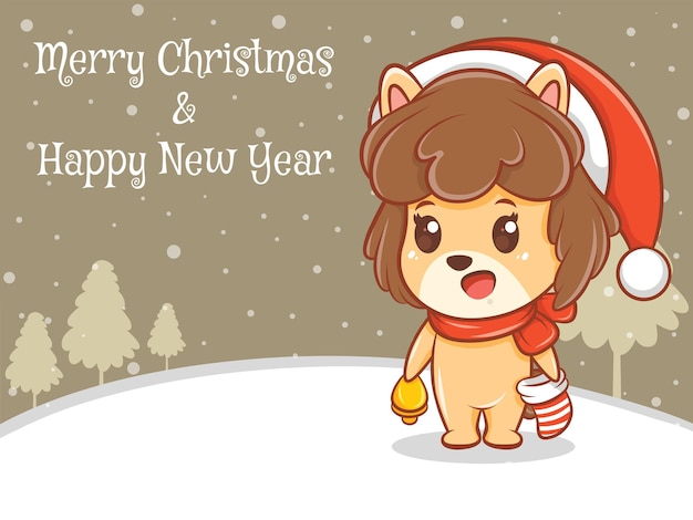 Vettore simpatico personaggio dei cartoni animati di cucciolo con banner di auguri di buon natale e felice anno nuovo