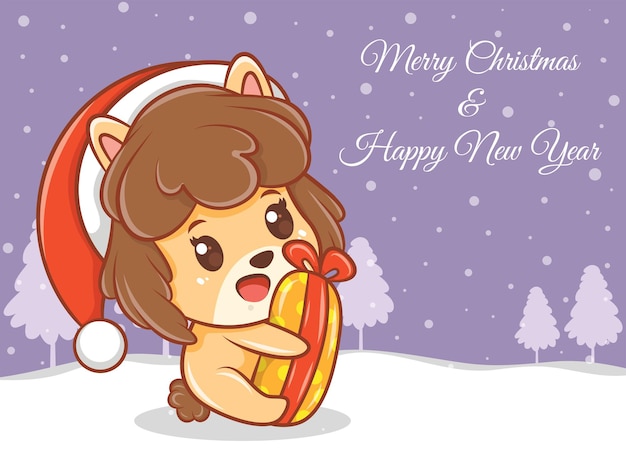 Simpatico personaggio dei cartoni animati di cucciolo con banner di auguri di buon natale e felice anno nuovo