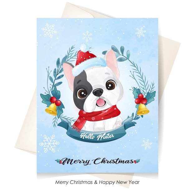 Cute  puppy for christmas with watercolor illustration