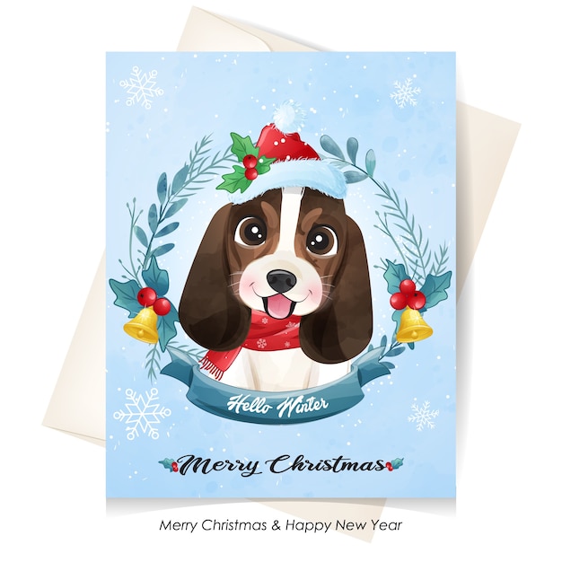 Vector cute  puppy for christmas with watercolor illustration