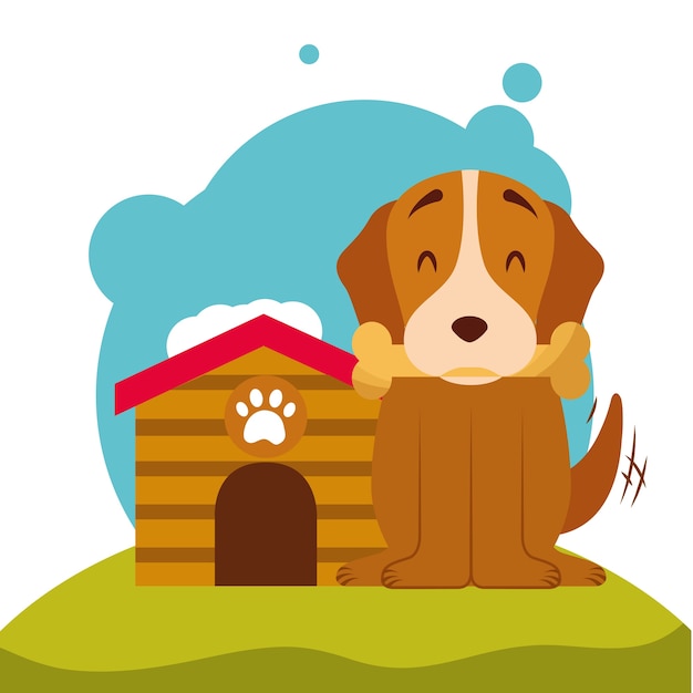 cute puppy dog bone in mouth and dog house in the meadow 