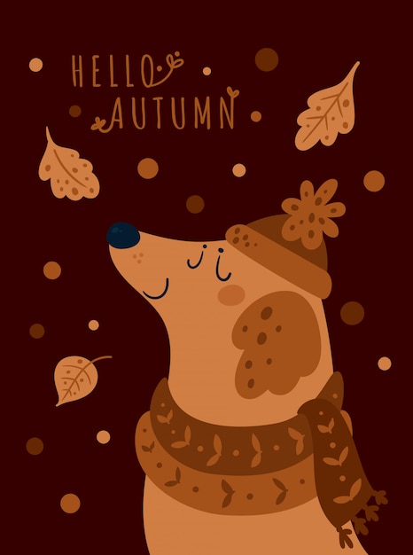 Cute puppy dog in hat and scarf. hello autumn