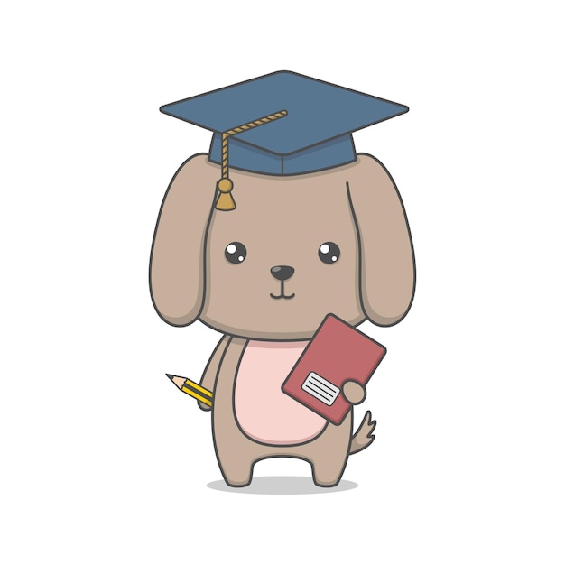 Vector cute puppy dog wearing graduation hat and holding book and pencil