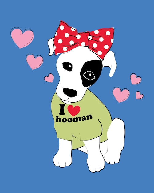 Cute puppy dog with polka dot ribbon on head and wearing I love Human shirt