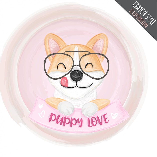 Cute puppy glasses crayon illustration for kids