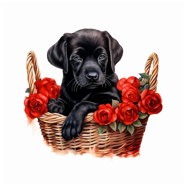 Vector cute puppy inside basket of flowers watercolor paint