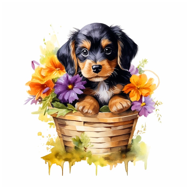 Cute puppy inside basket of flowers watercolor paint