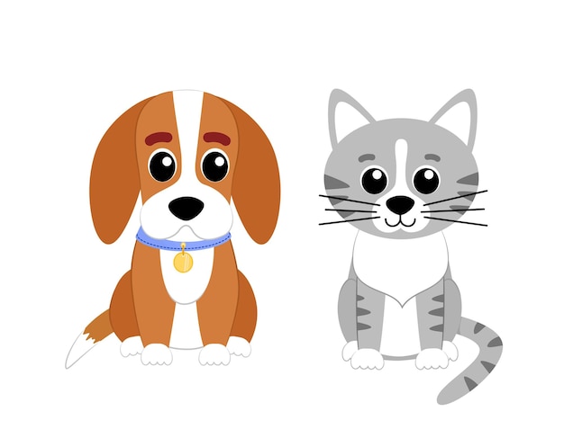 cute puppy and kitty. little dog and cat. flat, cartoon, vector
