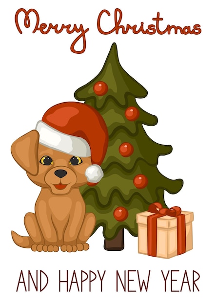 Cute puppy in a red cap of Santa Claus. Dog and gift box near the Christmas tree.