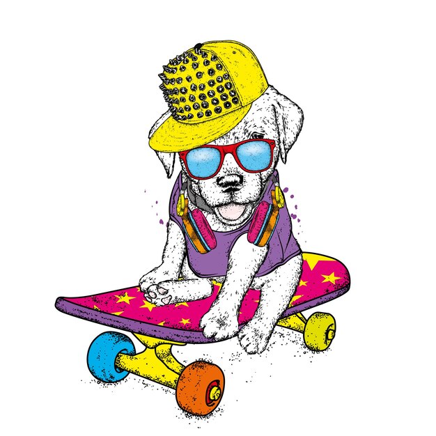 Cute puppy in stylish clothes and skateboard