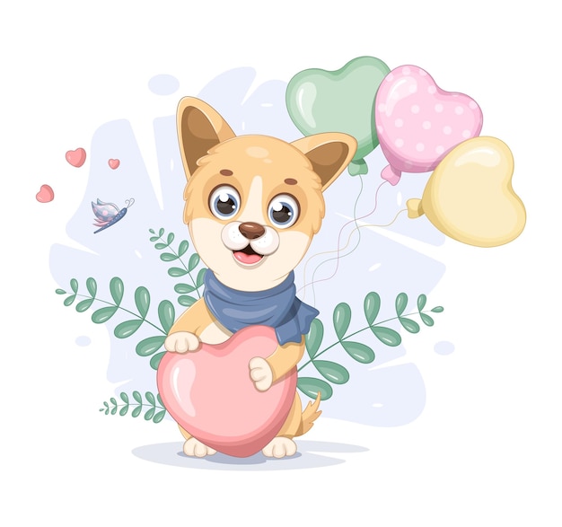 Vector cute puppy with a butterfly hearts and balloons