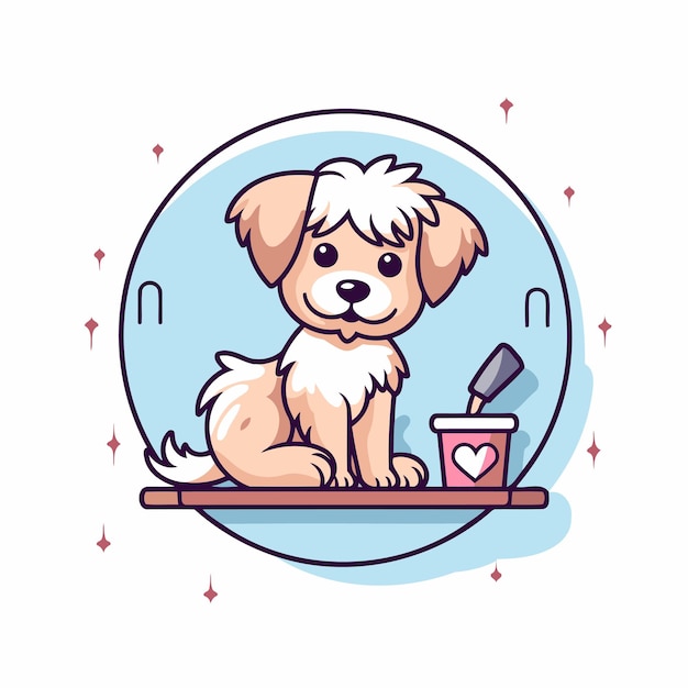 Vector cute puppy with food in bowl vector illustration in cartoon style