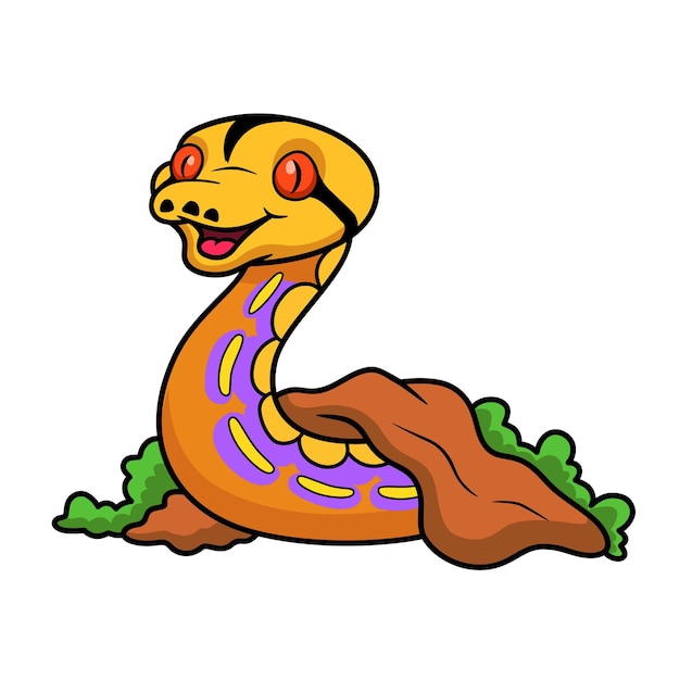 Vector cute purple albino tiger reticulated python cartoon out from hole