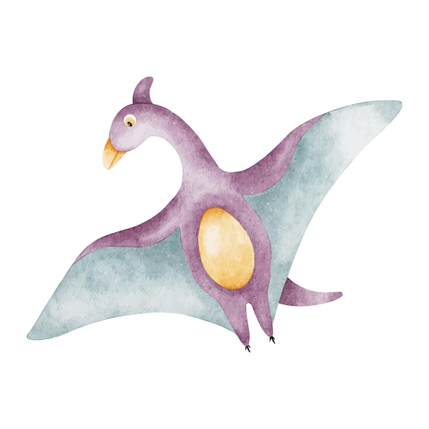 Vector cute purple flying dinosaur isolated hand drawn watercolor illustration of dino a clipart of pterodactylus for childrens invitation cards baby shower decoration of kids rooms and clothes