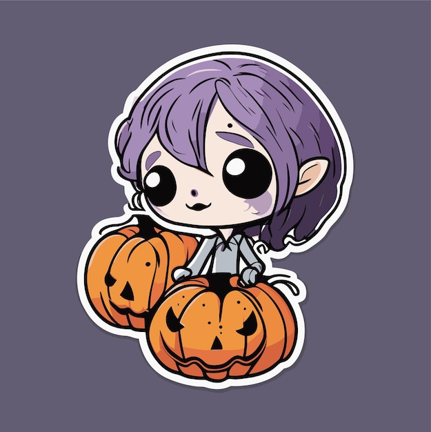 Cute Purple Haired Girl and Pumpkins