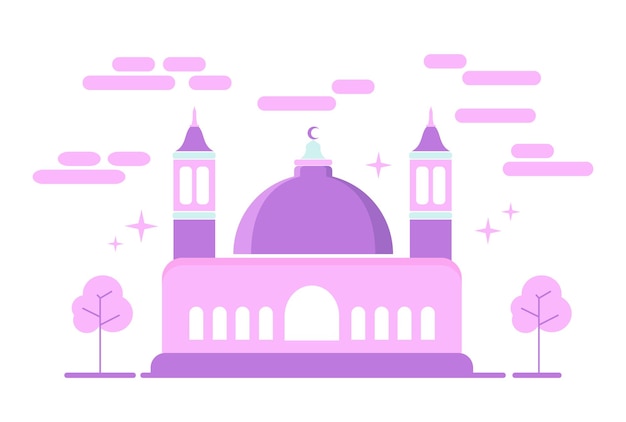 フラットなデザインのかわいい紫色のイスラムアラビア語モスクベクトル