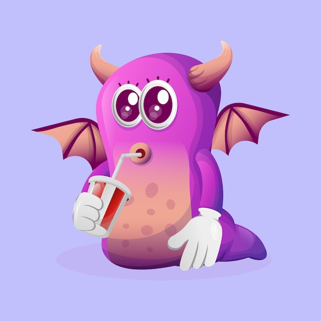 向量可爱的紫色怪物喝汽水可乐
