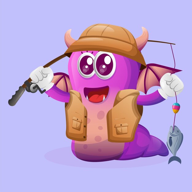 Vector cute purple monster fishing