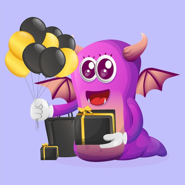 Cute purple monster holding gift box celebrate black friday