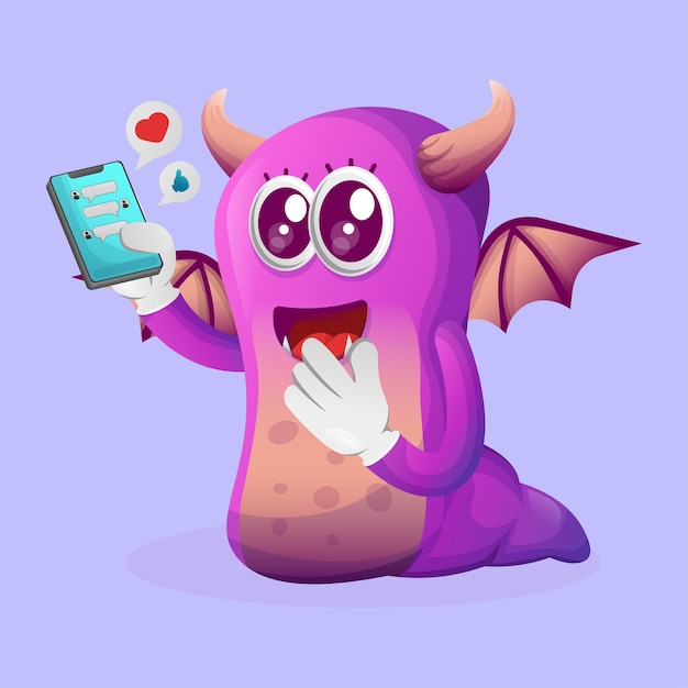 Cute purple monster holding mobile phone with text messages