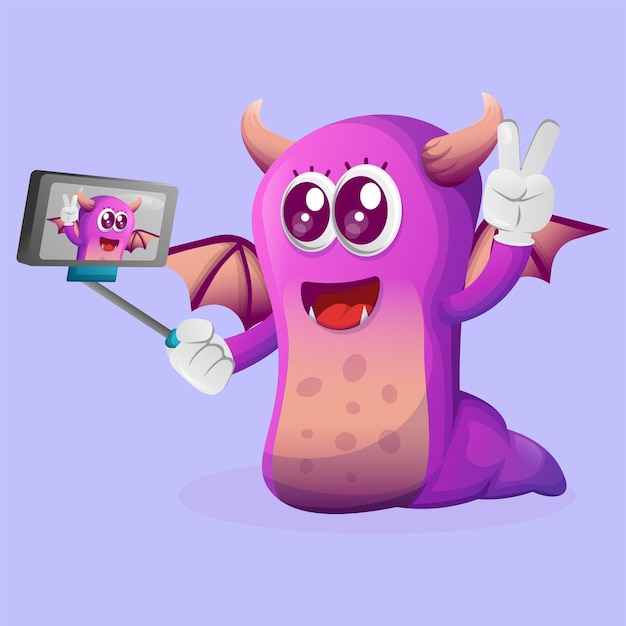cute purple monster takes a selfie with smartphone