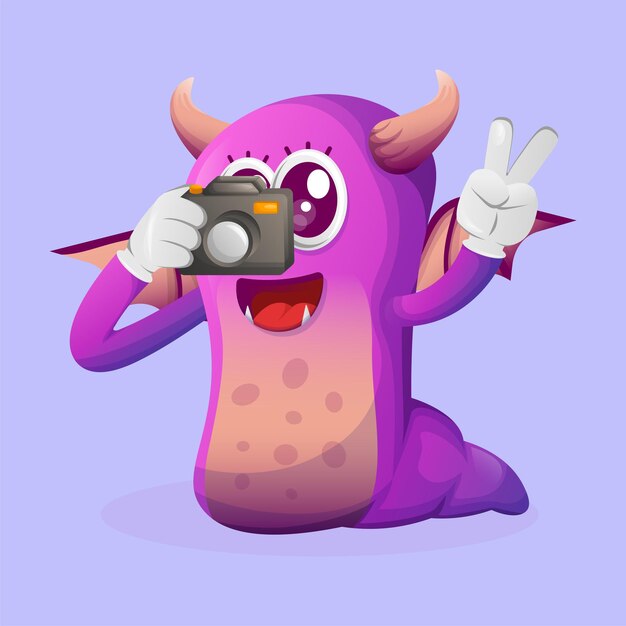 Vector cute purple monster taking photo with camera