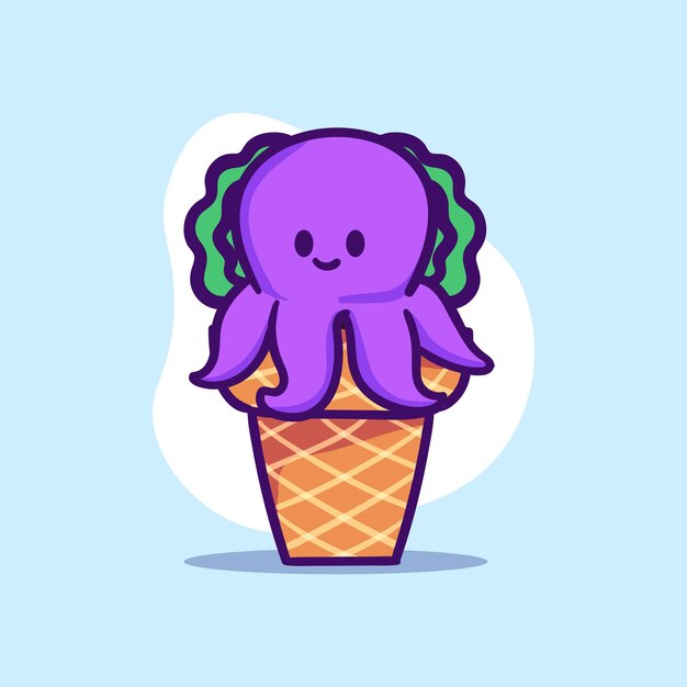 Cute Purple Octopus Character Sit on Ice Cream Cone Illustration