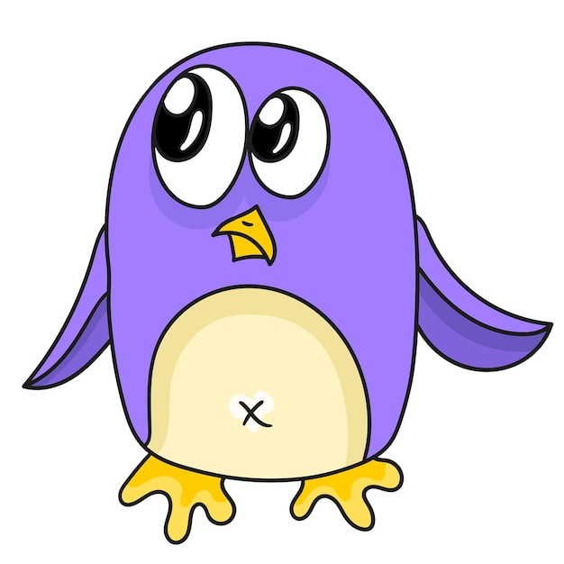 Милый фиолетовый пингвин. смайлик стикер иллюстрации шаржа