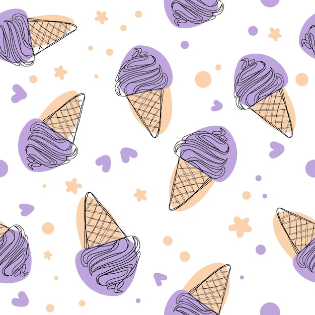 Vector cute purpure cartoon ice cream seamless pattern background illustration
