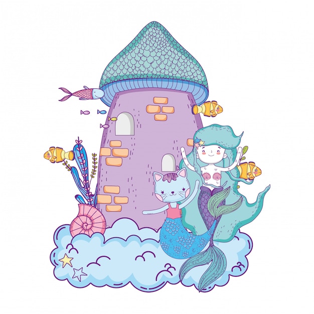 Vector cute purrmaid and mermaid with castle
