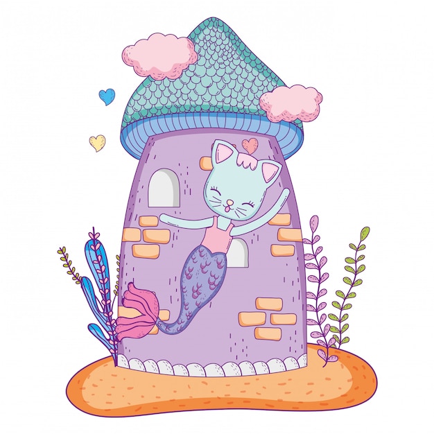 Vector cute purrmaid with castle undersea