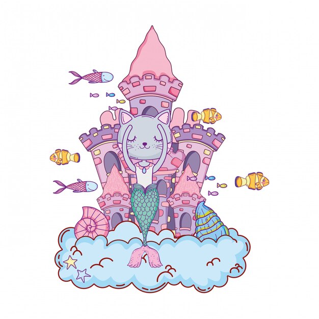 Cute purrmaid with castle undersea