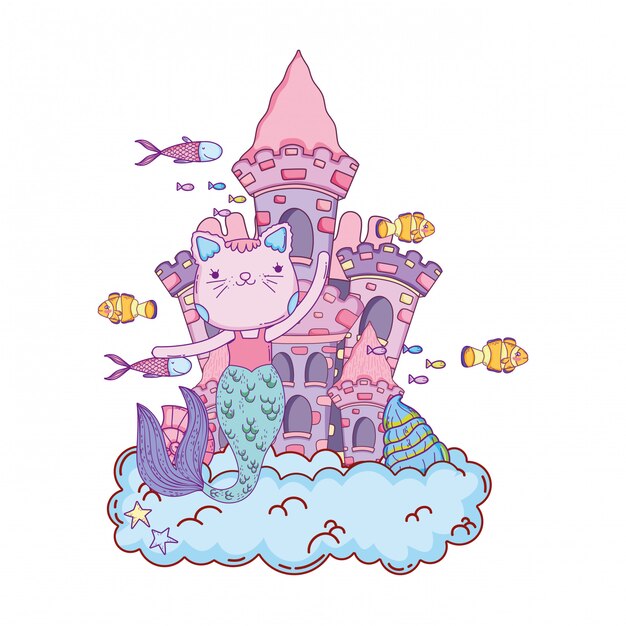 Cute purrmaid with castle undersea