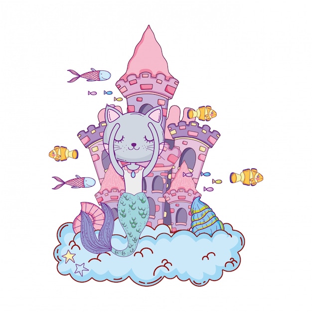 Cute purrmaid with castle undersea