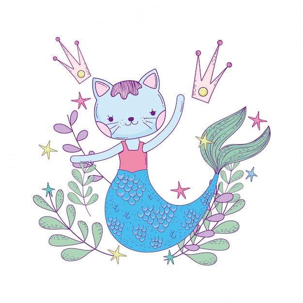 Vector cute purrmaid with crowns and floral decoration